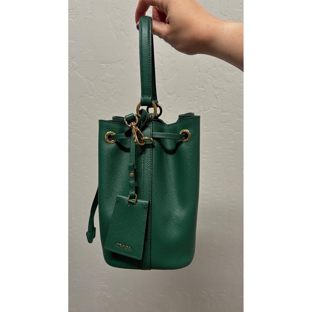Prada Saffiano Leather Bucket Bag Green Gold Hardware Crossbody 1BE032 - Picture 2 of 10